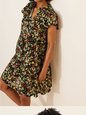 V neck Floral Ruffle Short Sleeve Dress in Black with Red & Green Floral Print